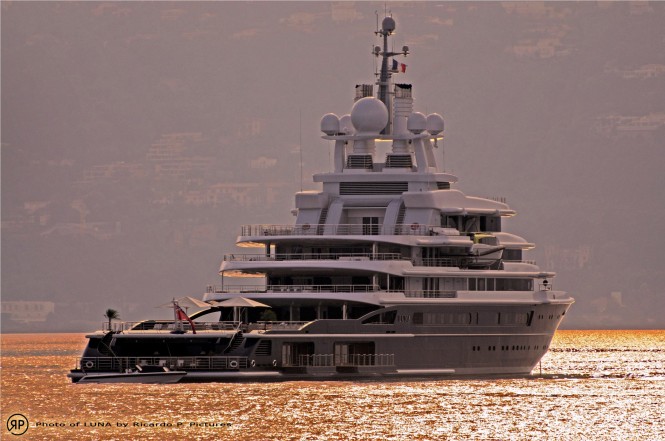 Superyacht Luna at sunset on the Frecnh Riviera, just off Antibes - Photo by Ric Pilguj