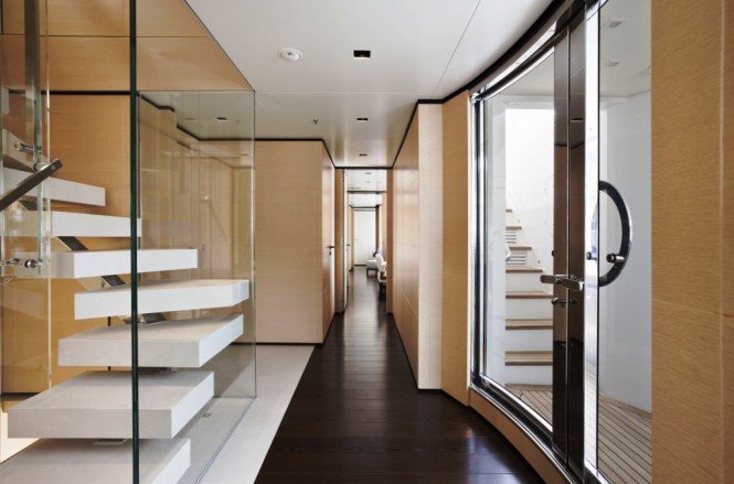 Sanlorenzo’s first steel megayacht The 46 Steel super yacht Lammouche Glass Stairway and Foyer - Photo Credit Sanlorenzo