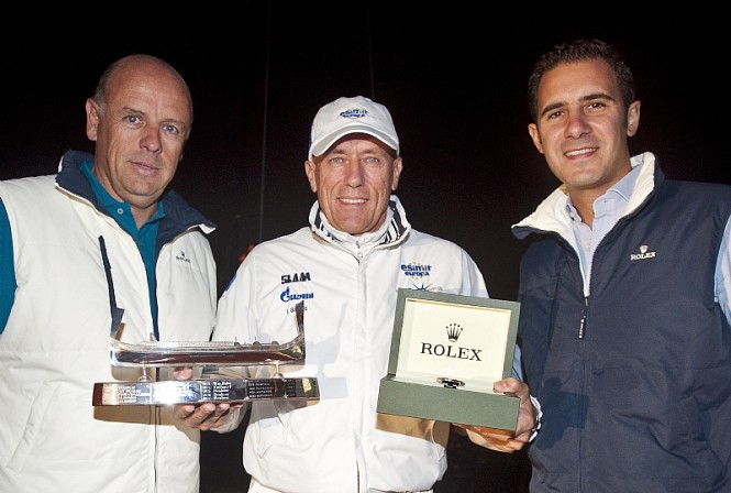 Line Honours Presentation, L-R Georges Bonello DuPuis (RMSR Commodore), Igor Simcic (ESIMIT EUROPA 2) and Malcolm Lowell Jr. from Edwards' Lowell Photo credit Rolex  Kurt Arrigo