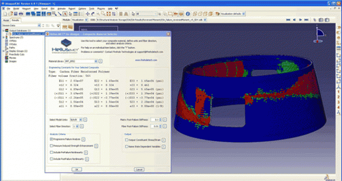 The HeliusMCT results showing different failure state of a composite structure – Undamaged (Blue)  Failed Matrix (Green)  Failed Fibers (Red) - Credit Firehole Technologies