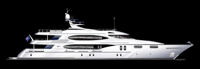 Trinity superyacht hull T059, a 164’ (50m) Aluminum trideck motor yacht.