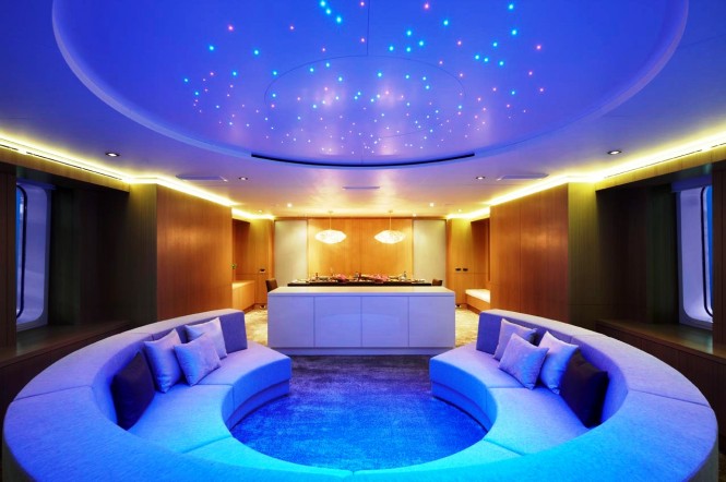 Circular couch featured in the main deck lounge of the motor yacht GO