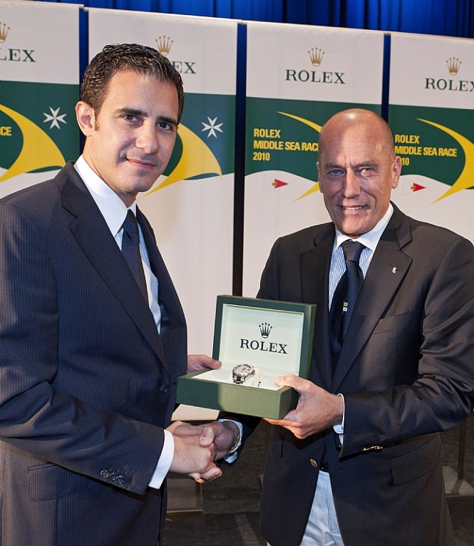 Mr Malcolm Lowell Jr. from Edwards Lowel and Igor Simcic, ESIMIT EUROPA 2, line honours  - Photo credit Rolex  Kurt Arrigo