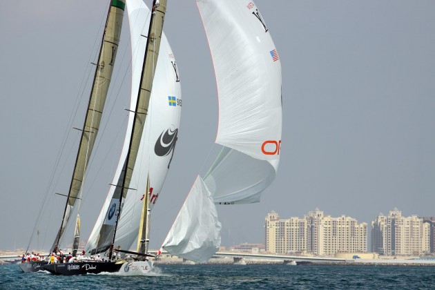 Race day 2 BMW Oracle Racing rips their spinnaker going down wind against Artemis Racing.© Bob Grieserousideimages.comLouis Vuitton Trophy