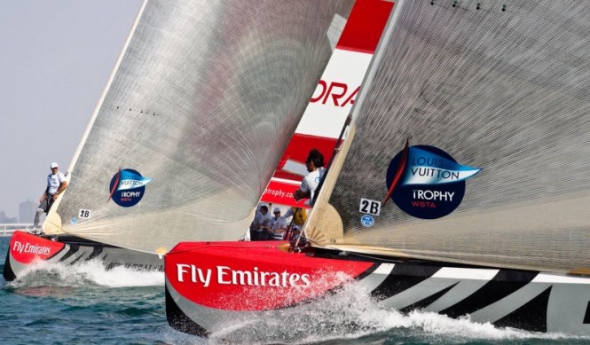 Race day 3 Synergy Russian Sailing Team vs BMW ORACLE Racing - © Bob Grieser ousideimages.com Louis Vuitton Trophy