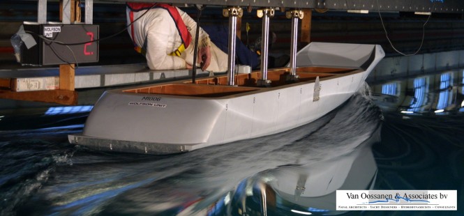 Tank tests for the FDHF at a corresponding full-scale speed of 24 knots.