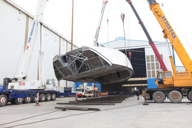 Perini Navi Hull  C. 2180 turning operations completed for fast cruising SY 40 metre