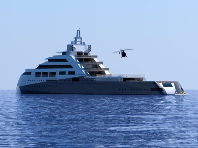 110m Explorer Motor Yacht Concept by J Kinder Yacht Design- Rendering Angular View