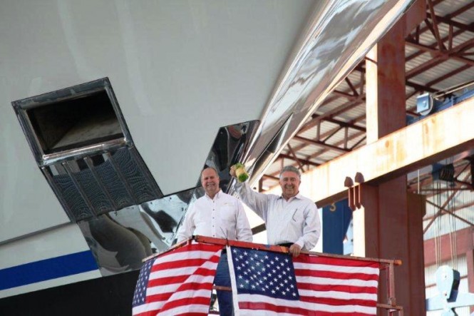 William (Billy) Smith, III, Trinity Yachts, Captain Ted Kavalieros, Owner’s Representative at the lauch of Yacht Areti - Credit Trinity Yachts