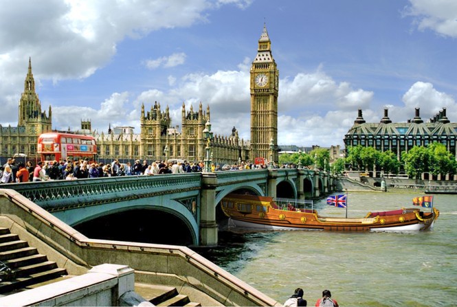 Thames Diamond Jubilee River Pageant - a barge emerging from under Westminster Bridge