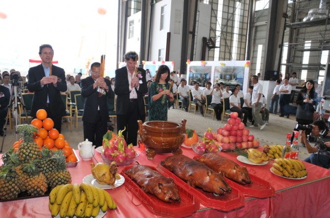 Traditional Insence Ceremony at the Keel Laying of Superyacht Green Voyager