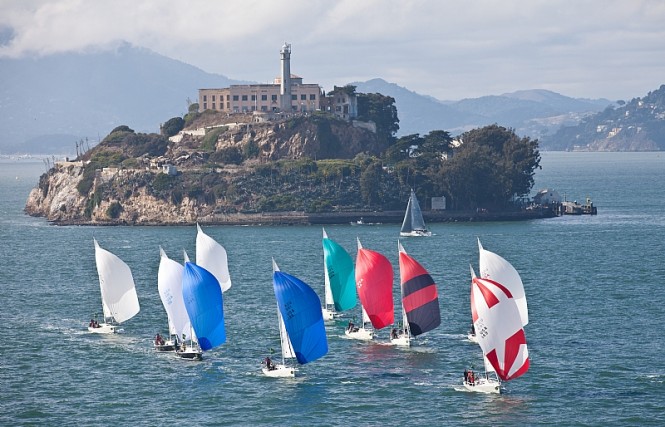J 105 sailing yachts pass Alcatraz -Rolex Big Boat Series San Francisco, CA, USA -Photo credit Rolex Daniel Forster