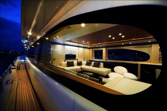 Motor Yacht Biscuit 95 superyacht designed by Hot Lab and built by Filippetti Yachts - deck at night - Photo Giovanni Malgarini Yacht Biscuit 95 deck at night - Photo Giovanni Malgarini