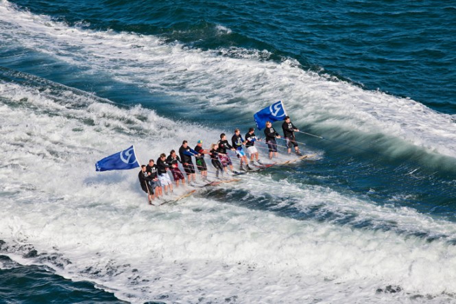 Riviera’s 61 Series II Flybridge motor yacht 3100hp towing 12 skiers at 22 knots