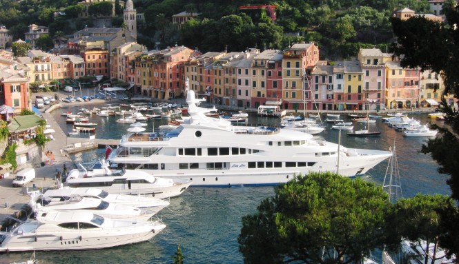 Superyachts including Lady Lola in Portofino Harbour in Italy
