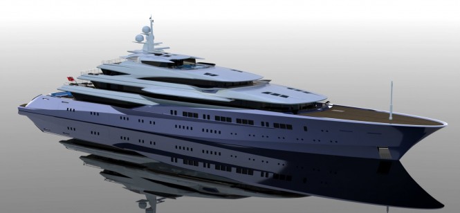 Adriel Design Motor Yacht Project Lumen 90m three -quarter above forward