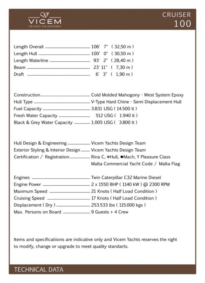 Technical Specifications of the New 100 Cruiser motor yacht by Vicem Yachts