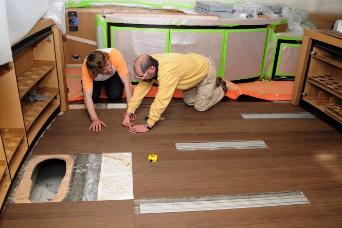 Salon track system for furniture to slide on the yacht Mistral 55