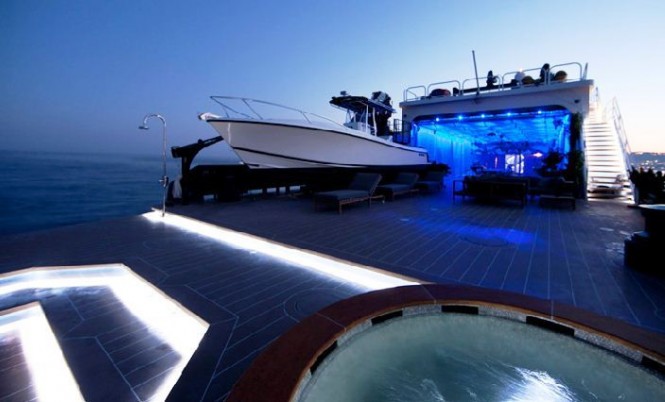 The new design of Motor yacht MYSTERE SHADOW includes a large spa on the lower deck