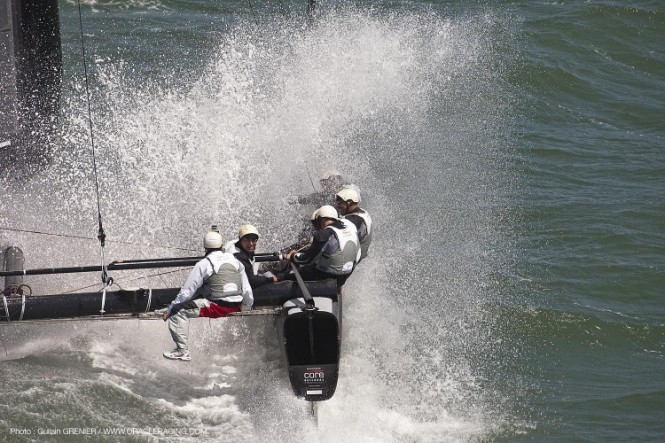 "This is what we came here for," said skipper James Spithill, as his bow buries in a wave on San Francisco Bay - Photo Guilain GRENIER