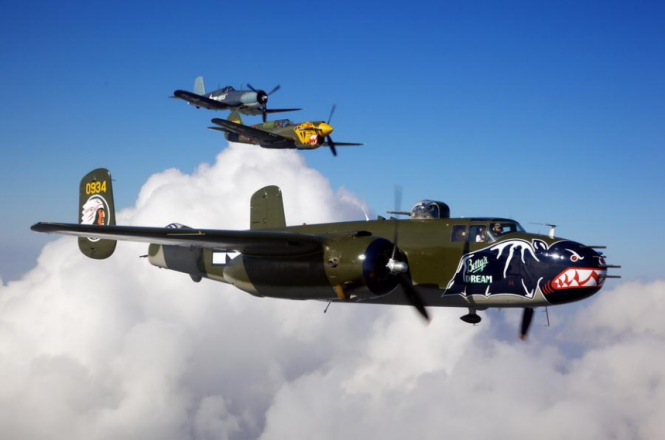 Mitchell B-25 Bomber Betty’s Dream leads the pack - Photo credit Texas Flying Legend Museum