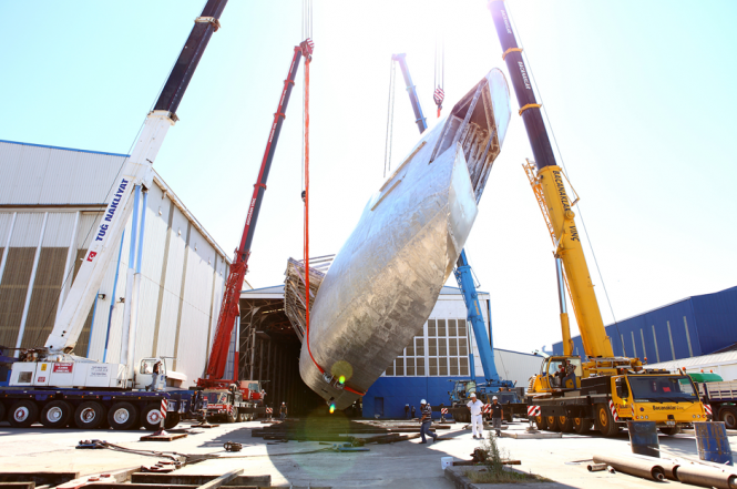 Hull number C.2193 sailing yacht of the 60m Perini Series being turned at Perini Navi's yard in Turkey