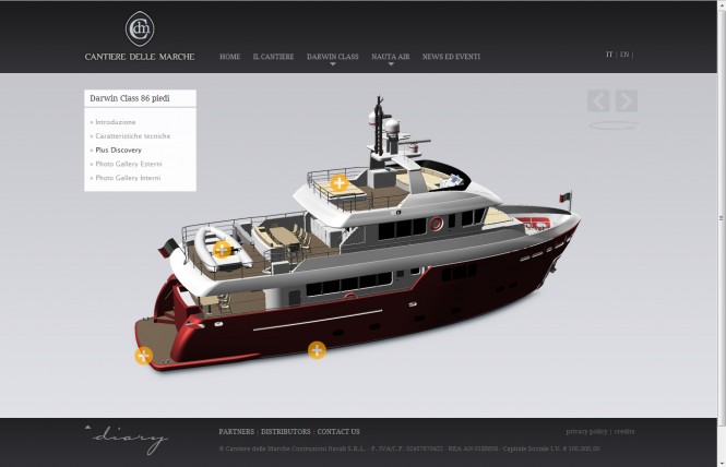 Screenshot of the Darwin Class 86 ft yacht found on the newly launched Cantiere Delle Marche website