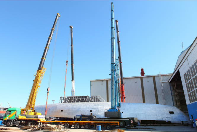 Turning of the first 60m Perini Series yacht C.2193 (hull n.) at the Perini Navi shipyard in Turkey