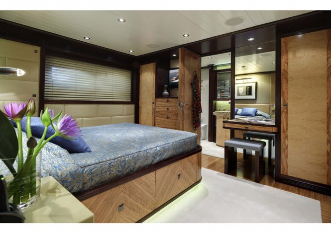 Donald Starkey designed guest cabin on board of the Columbus 146 yacht by Broward yachts