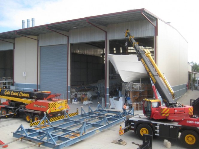 The luxury yacht 75 Enclosed Flybridge is now in the next stage of production Fit Out One