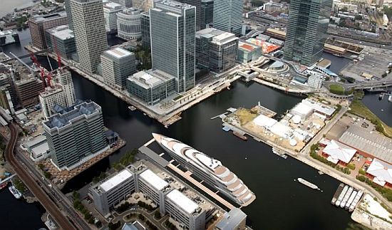 170m luxury motor yacht Aquiva moored in Canary Wharf