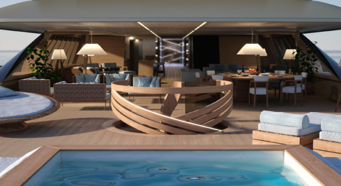 Aft terrace of the 99m Xvintage superyacht by Fincantieri