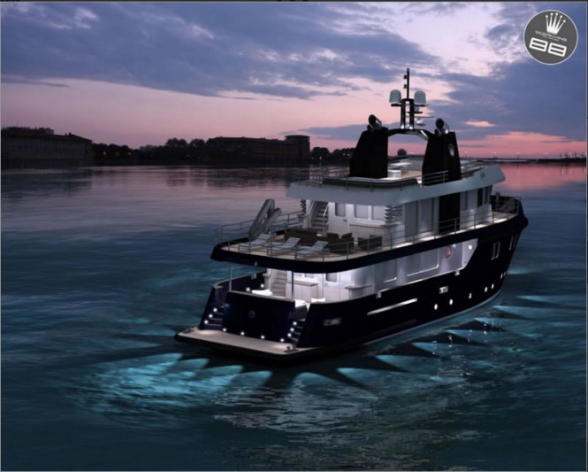 Super Yacht Ocean King 88 by night with underwater lights