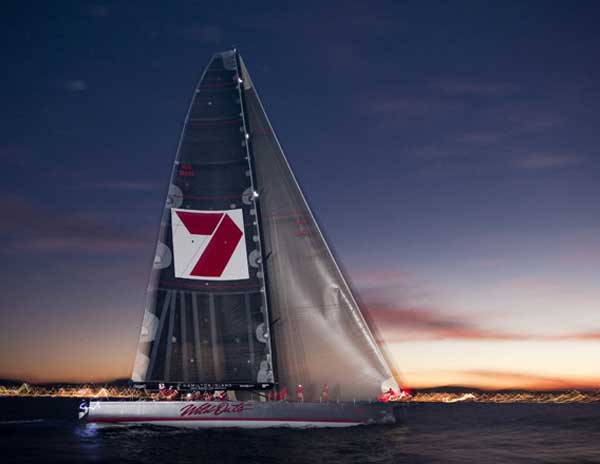 Sailing yacht Wild Oats XI approaching the finish line at the Audi Sydney Gold Coast Yacht Race Photo Credit Andrea Francolini