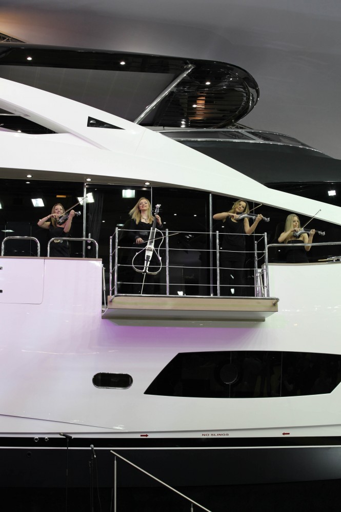 Asteria string quartet at the World debut of the New Sunseeker 28m Motor Yacht at 2012 Tullett Prebon London Boat Show – Photo Credit Sunseeker International.