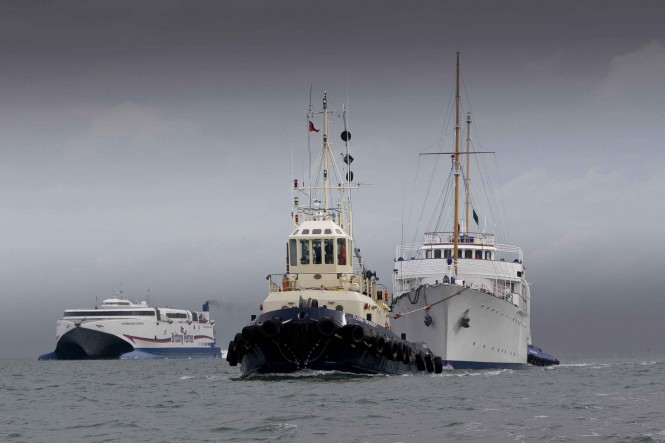 Motor Yacht Shemara under-tow in Portsmouth © Jake Sugden 2010