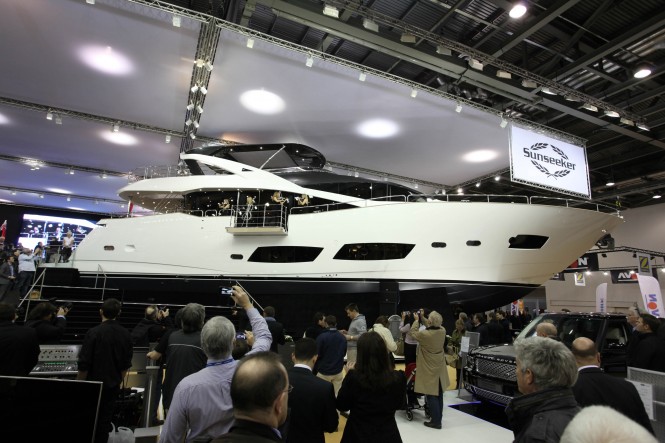 World debut of the New Sunseeker 28m Motor Yacht at 2012 Tullett Prebon London Boat Show – Photo Credit Sunseeker International.   (3)