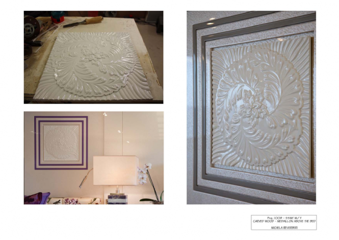 One of the unique design features created by Michela Reverberi - a carved wood medallion placed above the beds