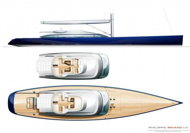 Profile and deck render of the 170´ Briand Superyacht