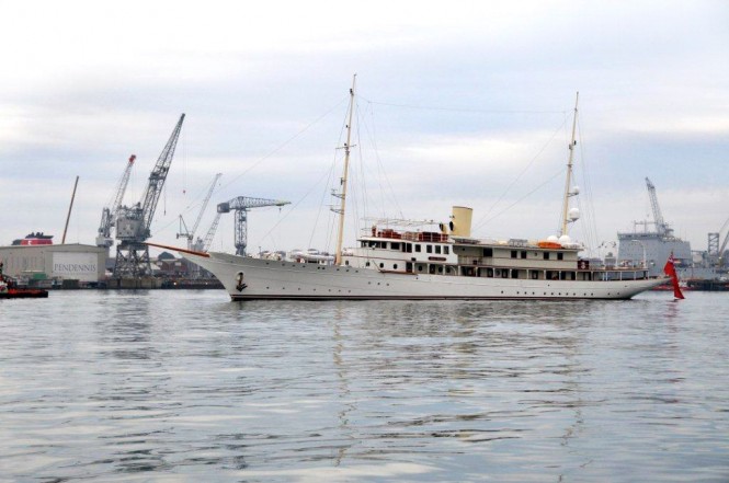 The 71m charter yacht Dona Amélia leaving Falmouth - Photo by Luke Windle