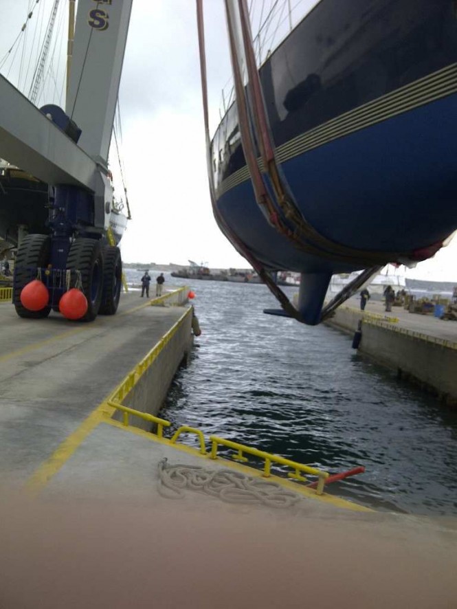 Sailing yacht AMADEUS re-entering the water after time in the drydock