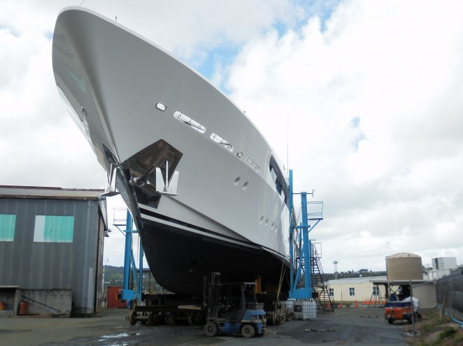 Westport luxury motor yacht My Girl at head of Oceania Marine slipway - on Hardstand