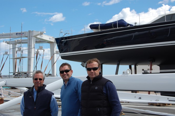ADP CEO Alfonso de Prada Captain Jonathan Lloyd and VGM General Manager Ignacio Erroz in front of 25m SY Paradis the first ADP project at Vilanova Grand Mar