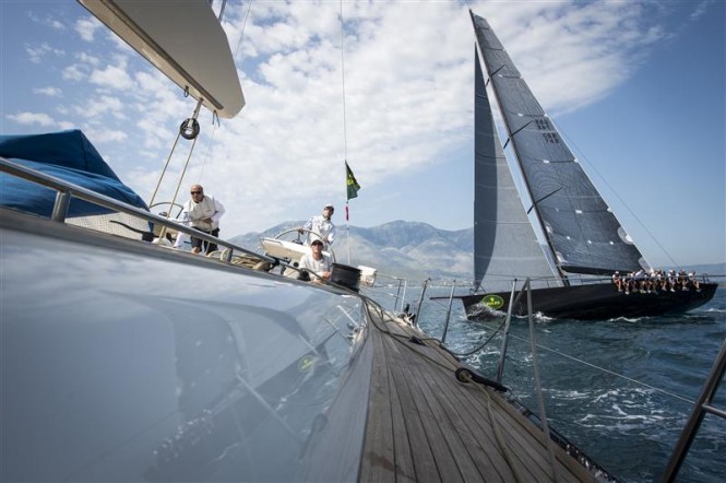 JETHOU yacht crosses in front of NILAYA superyacht during windward-leeward race Photo RolexKurt arrigo