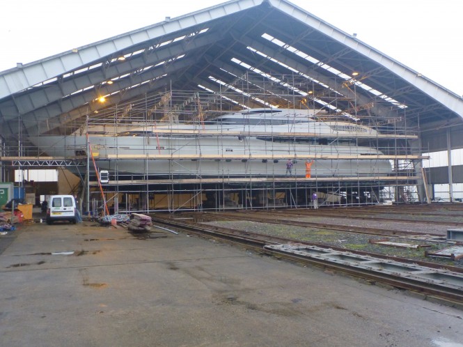 Motor yacht Light Blue under refit at Solent Refit
