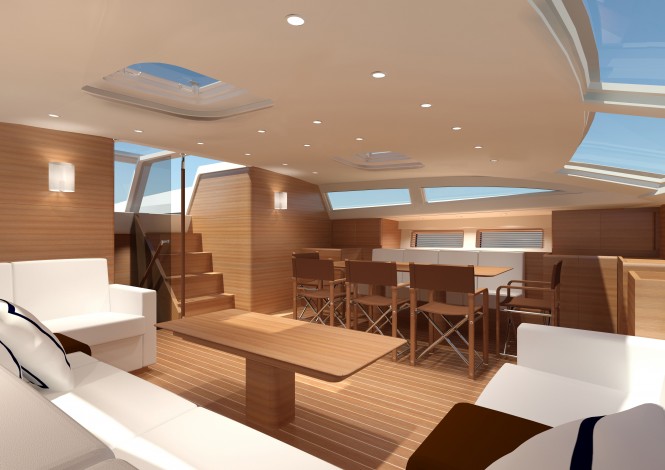 Sailing yacht Swan 105 Main Saloon - looking aft towars the port side Credit Nautor's Swan 2012