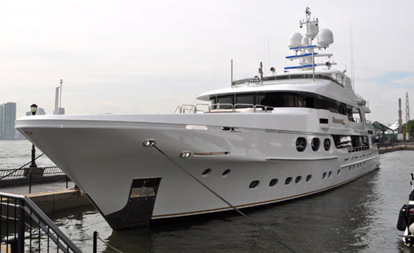 168ft charter yacht Remember When anchored at Dennis Conner's North Cove marina in NYC