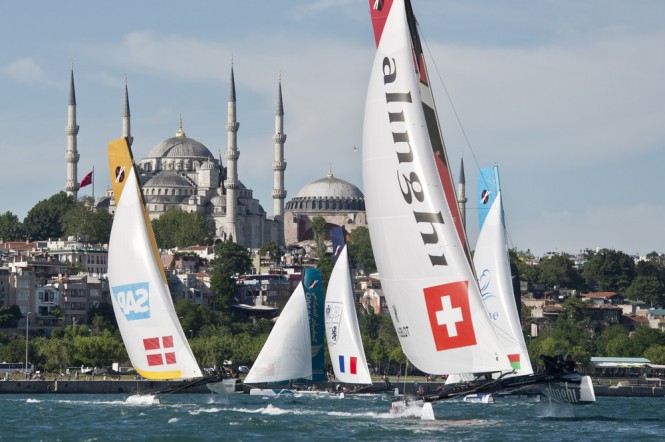 Alinghi in the lead on the downwind leg during racing on Day 1 in Istanbul