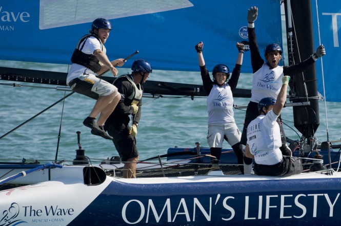 An ecstatic Leigh McMillan and his crew after winning Act 3