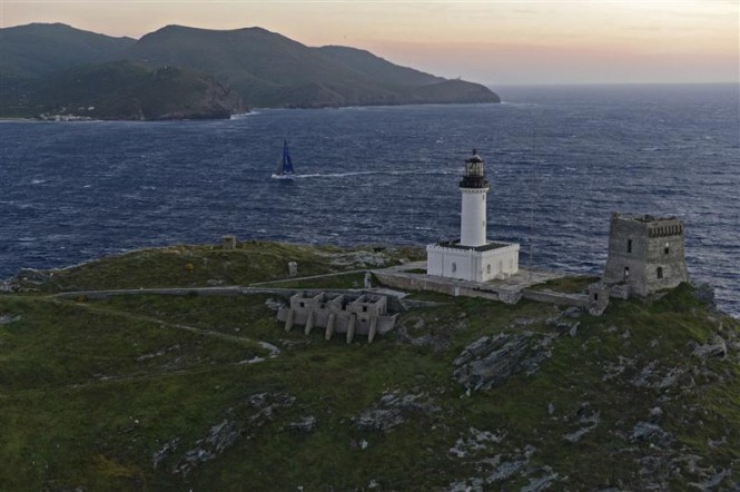 Esimit Europa 2 superyacht rounds the Giraglia rock Credit RolexKurt Arrigo